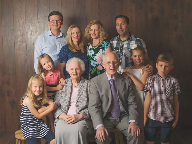 Albert and his wife Vivian, seated. Back row, l-r, son-in-law Ray Davies and daughter Nicola; daughter Gillian and son-in-law Stuart Tanfield. Front row l-r, grandchildren Megan (8), Erin (6), Charlotte (11) and Matthew (9).